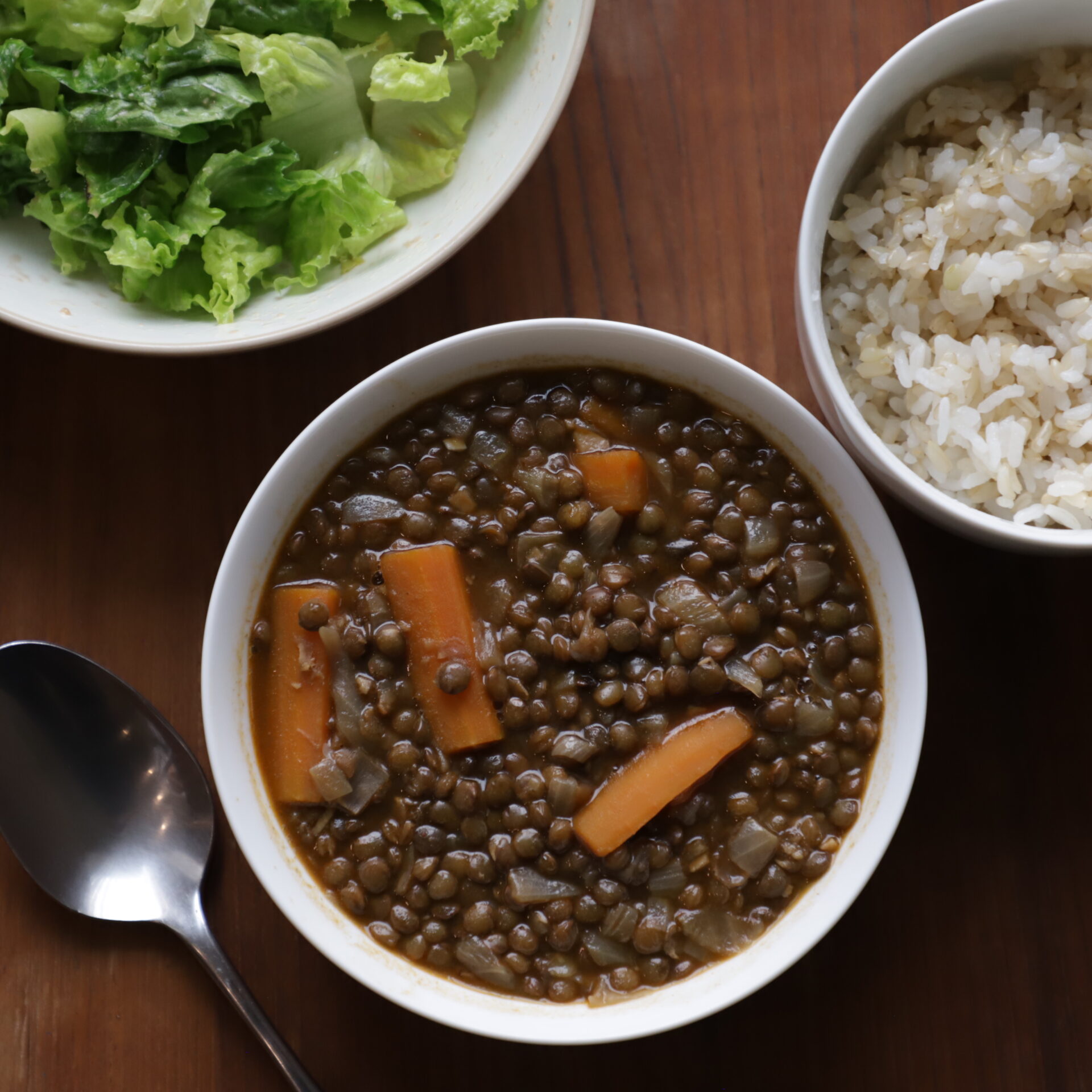 Metal spoon and three bowls on a wood surface: One with brown lentil stew with carrots, one with brown rice, and one with lettuce.