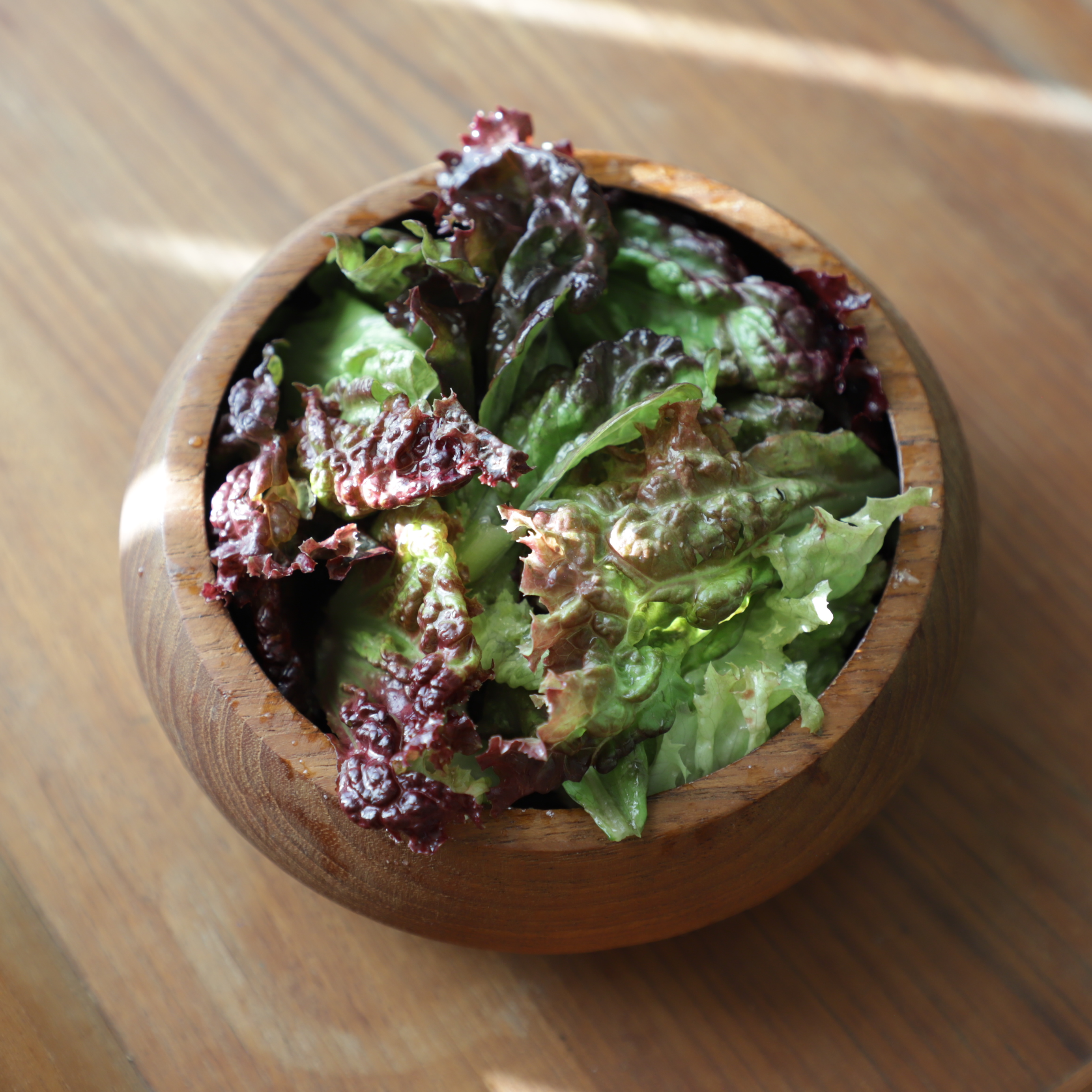 red leaf lettuce salad dressed in vinaigrette in a teak wood bowl lit by strips of light