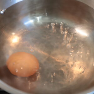 Close up of chicken egg in pot of boiling water.